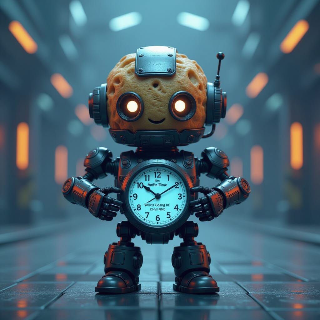 Futuristic Muffin Robot Holding "It's Muffin Time" Clock
