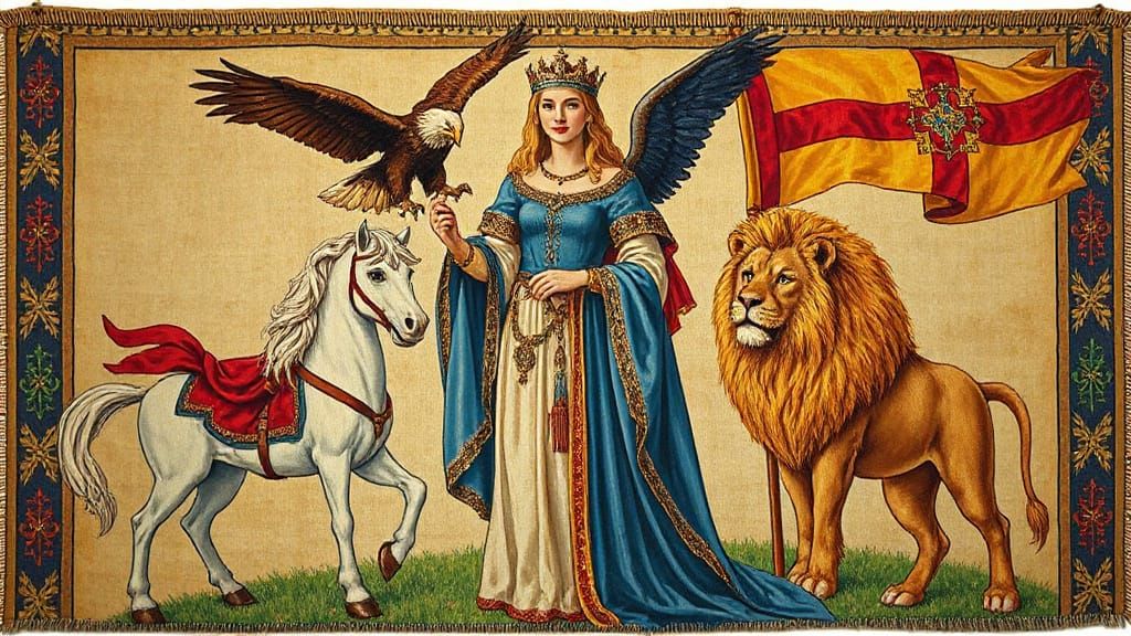 Medieval Tapestry: Princess, Eagle, Unicorn, and Lion