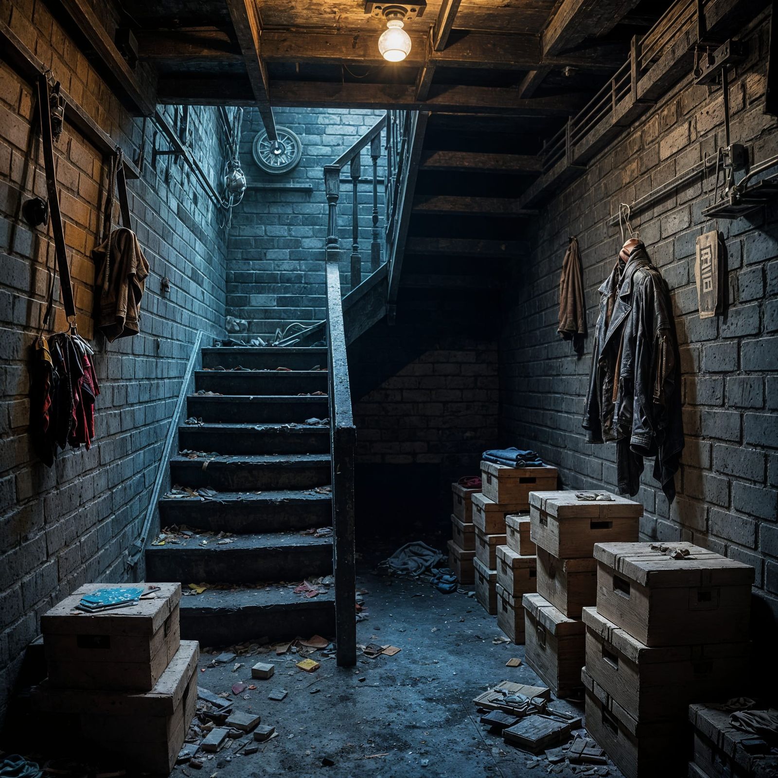 Eerie Basement Stairway with Hanging Items