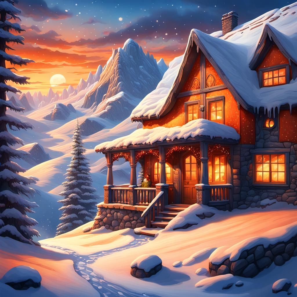 Enchanting Snowbunny Cottage in a Winter Sunset Landscape