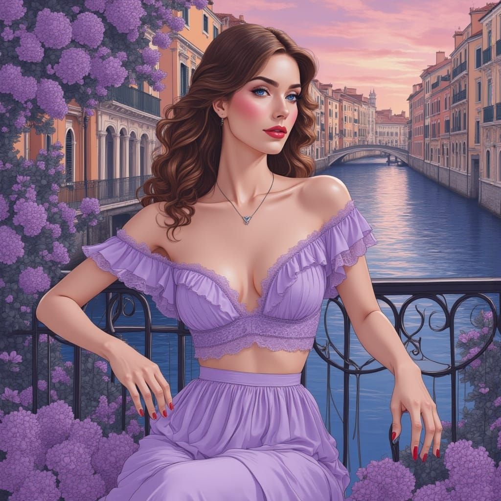 Woman on Venetian Terrace in Art Nouveau Style