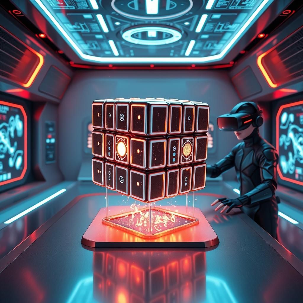 High-Tech Rubik's Cube in Futuristic Cyberpunk Room