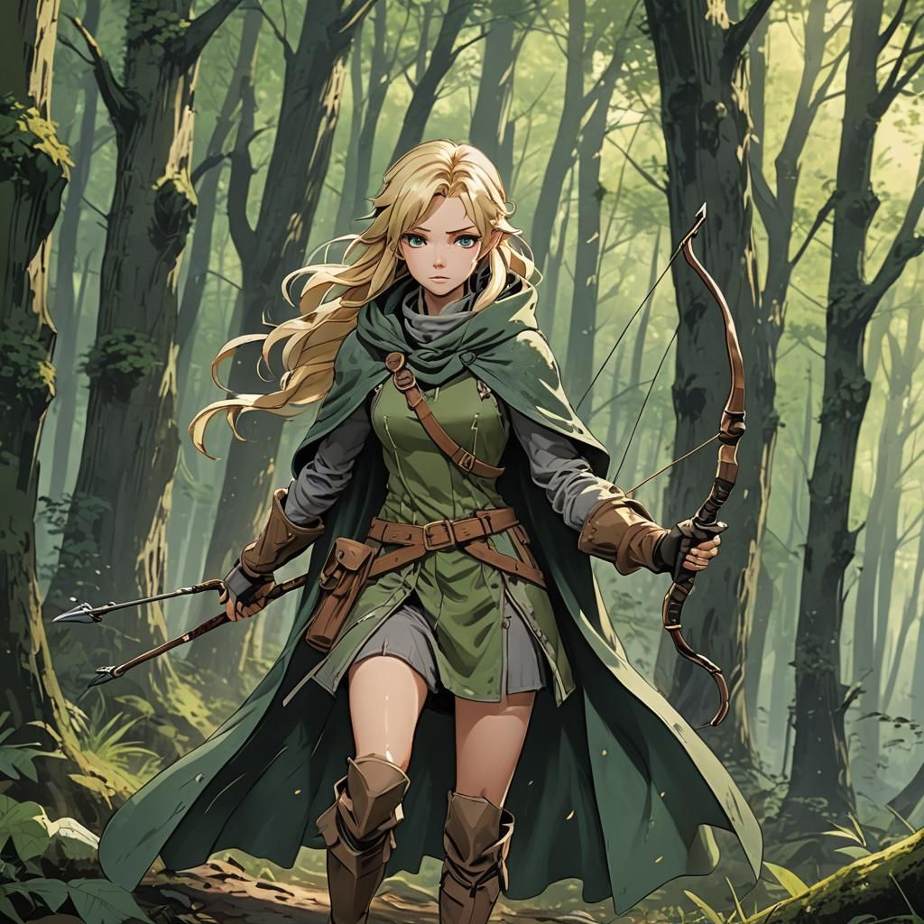 Blonde Archeress in Forest, Anime Style