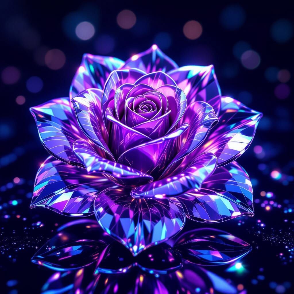 Shimmering Crystal Rose on Obsidian Surface