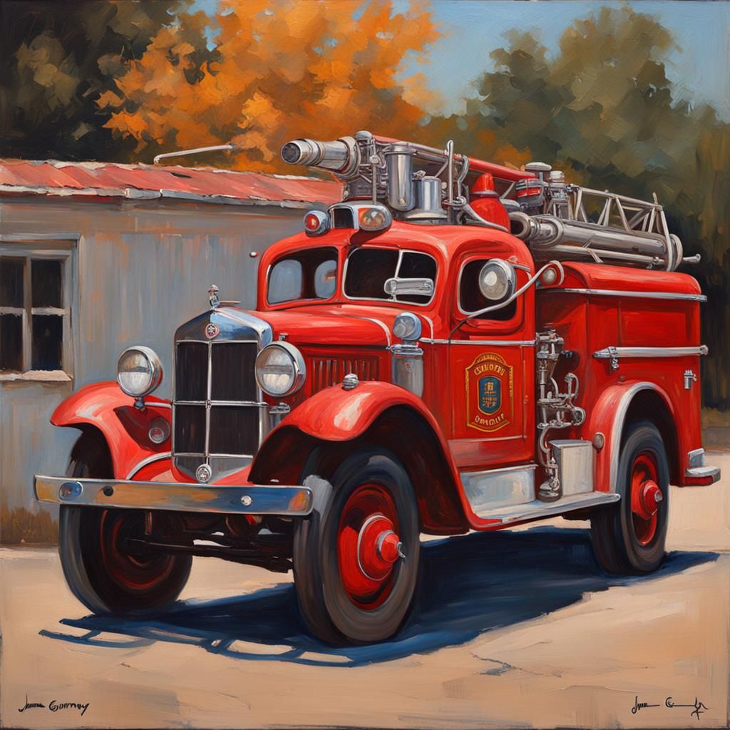 Vintage Fire Truck Side View as Oil Painting