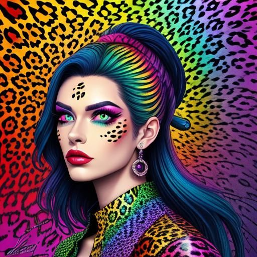 Woman with Rainbow Dragon Scales in Synthwave Style