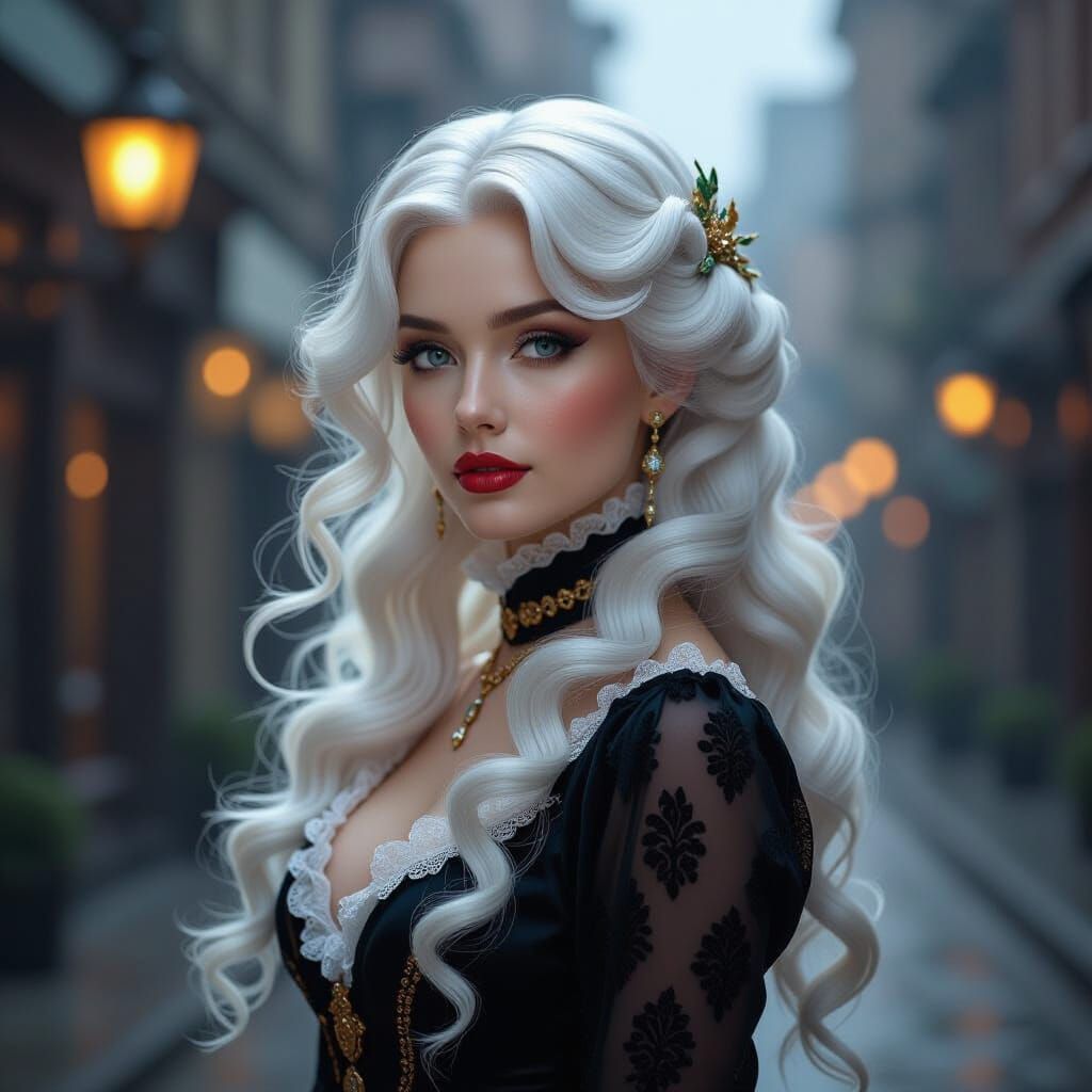 Victorian Silk Hair Lady in Cityscape, Oil Painting