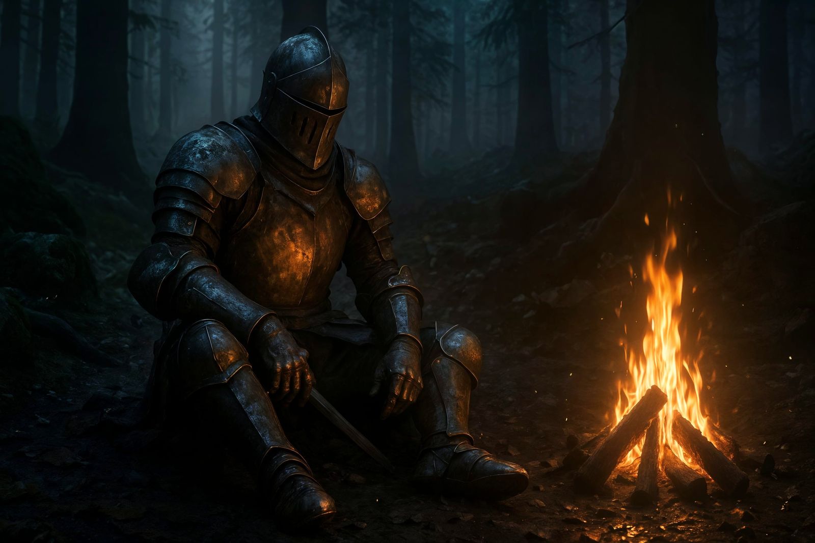 Knight Watches Bonfire in Misty Dark Souls Forest