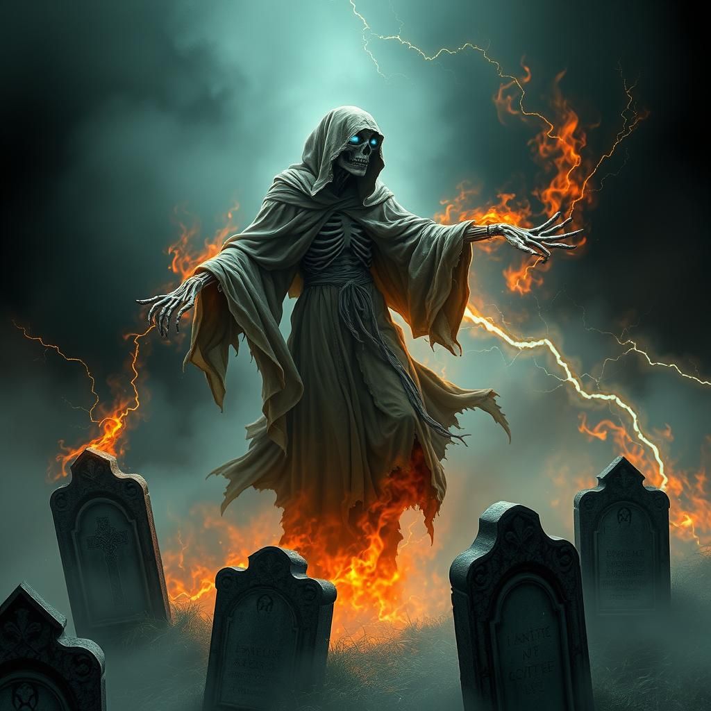 Ethereal Wraith Drifting Over Ancient Cemetery