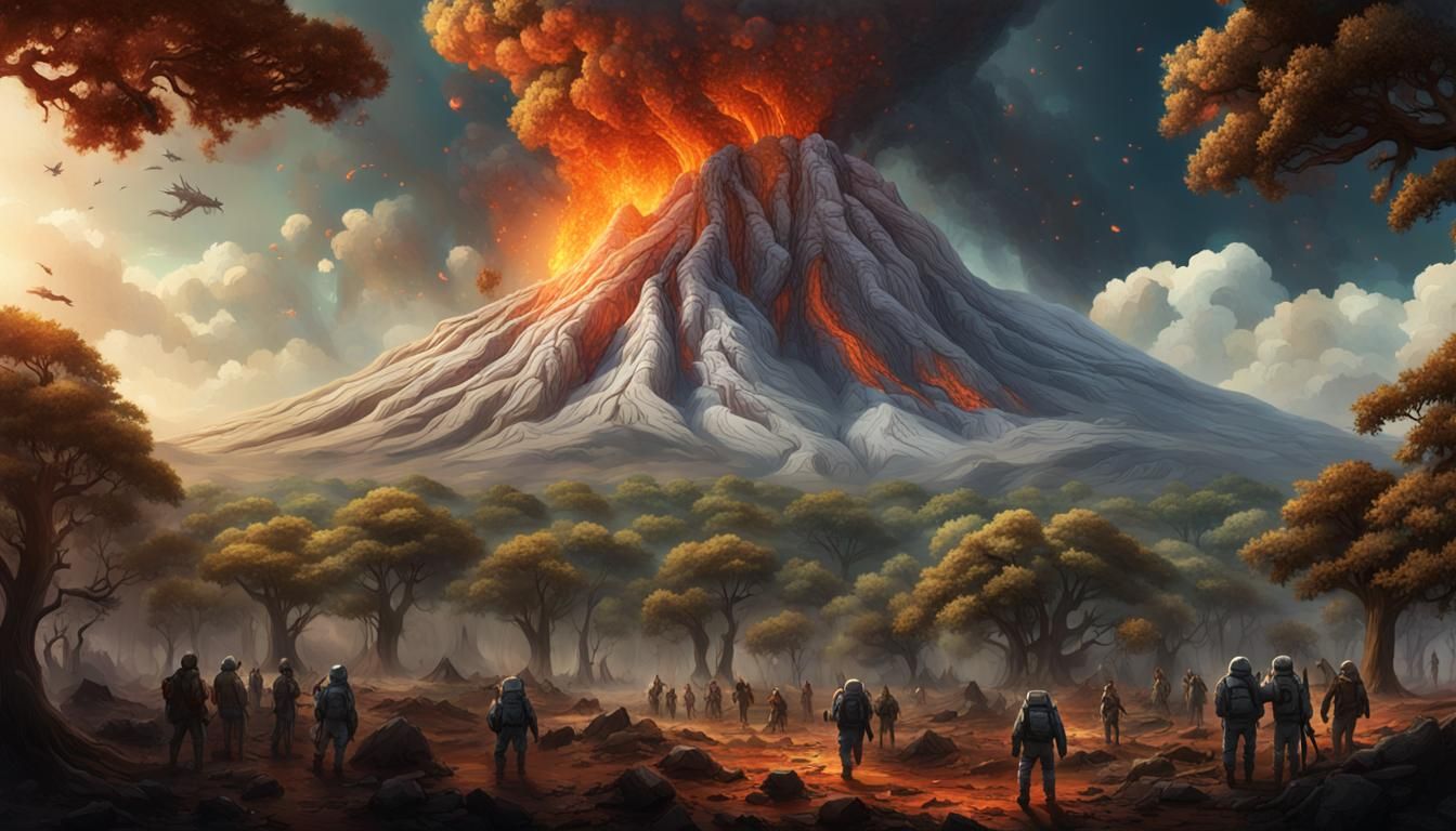 Volcanic Eruption Threatens Holy Oak: Dark Fantasy Art