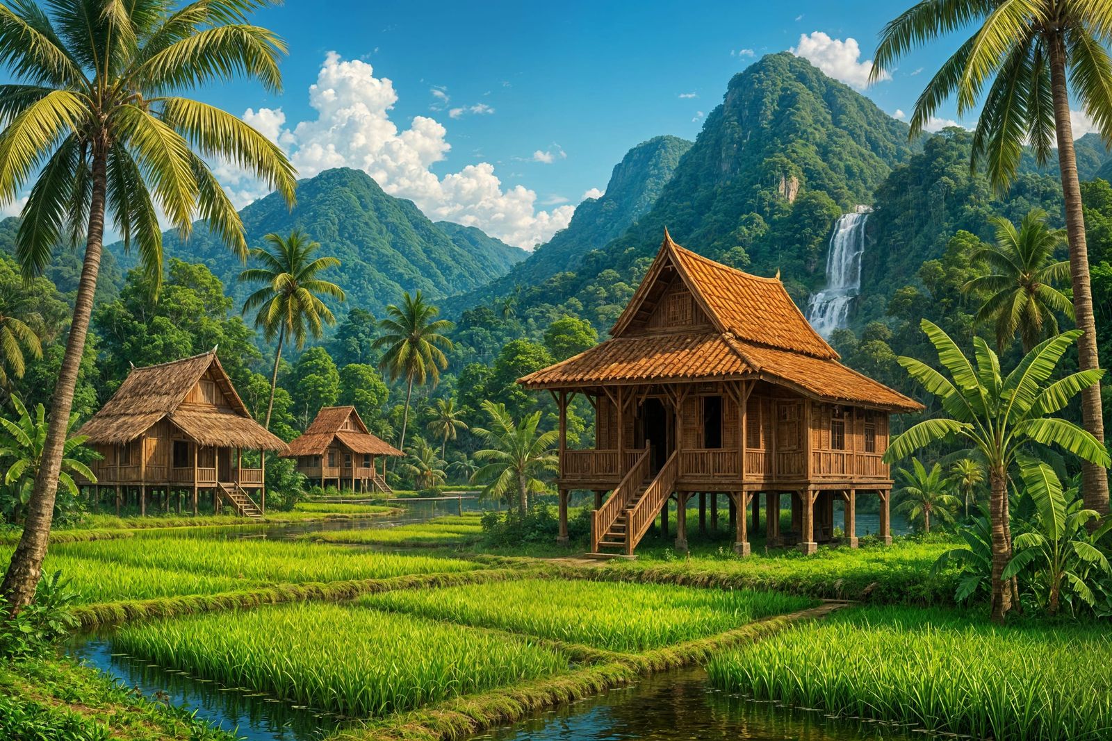 Idyllic Malay Kampung with Paddy Fields: Digital Art