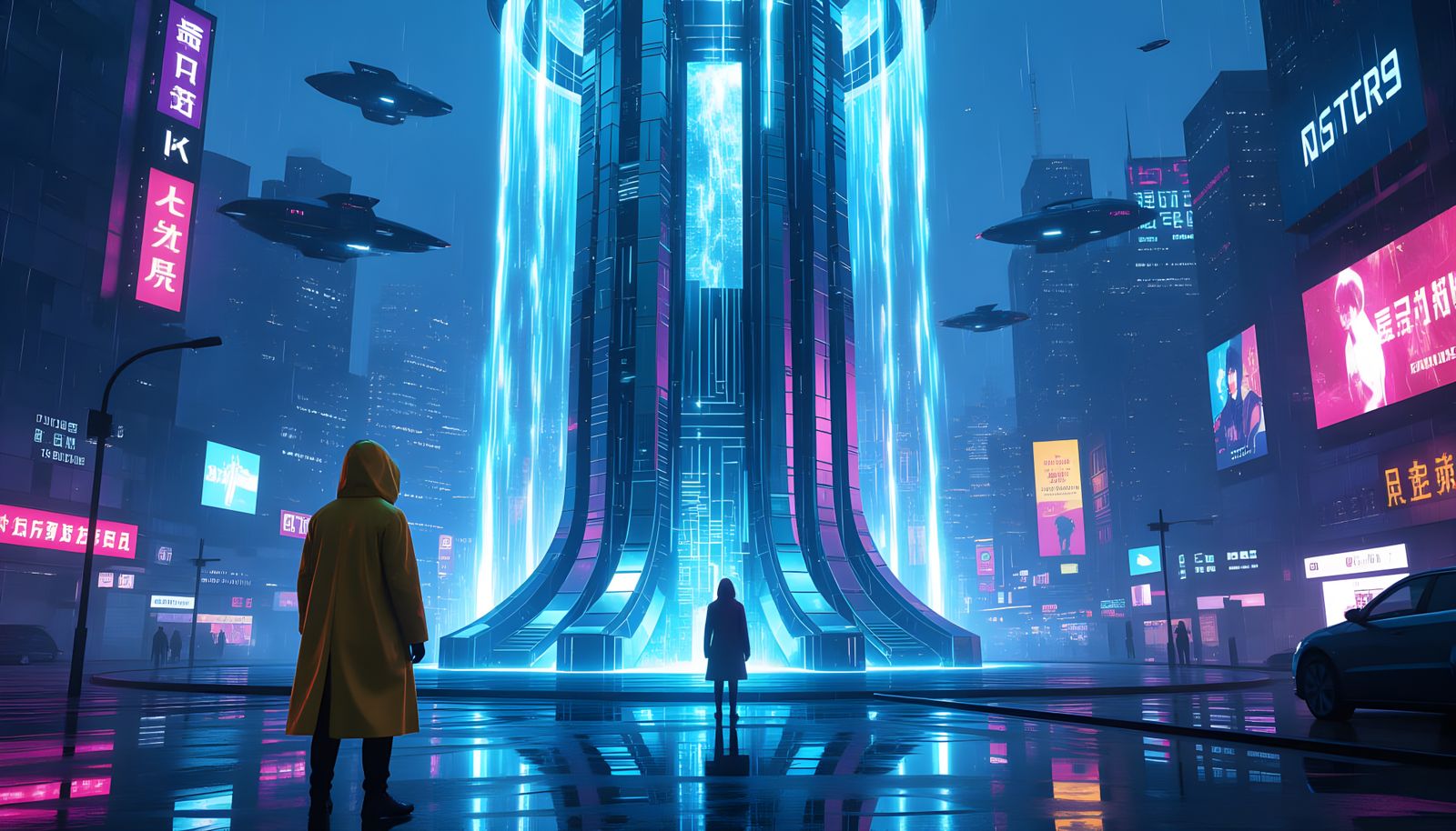 Cyberpunk Fountain in Rainy Night City