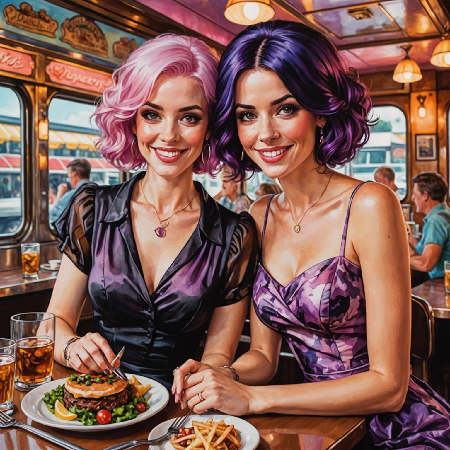 Diner Scene with Pink and Black Haired Women