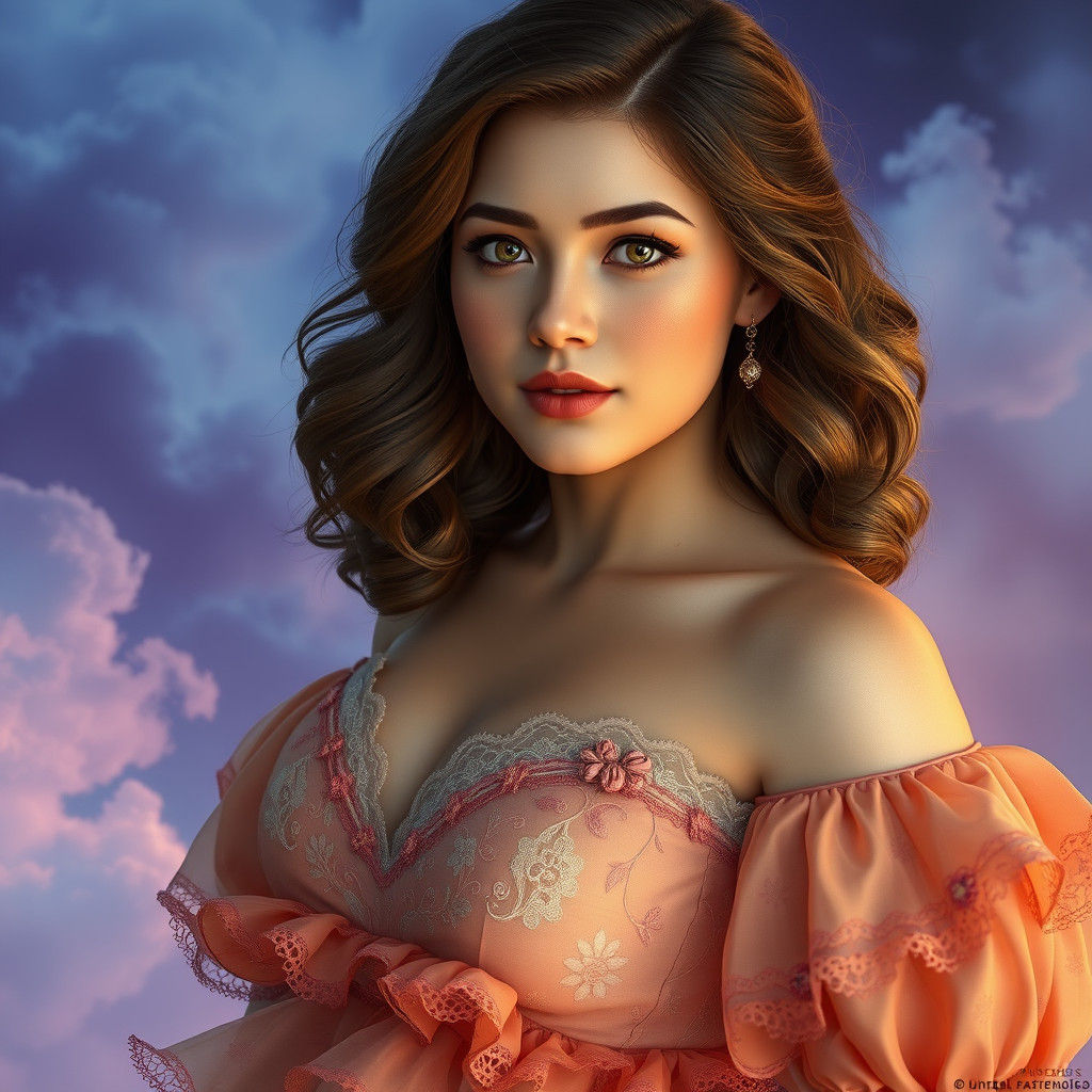 Curvy Woman in Dreamlike Fantasy World with Intricate Pettic...