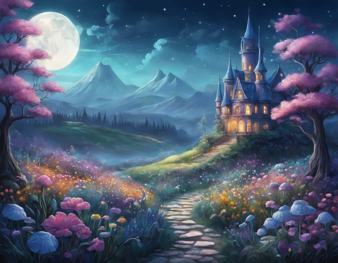 Dreamy Fantasy Garden Under Full Moonlight