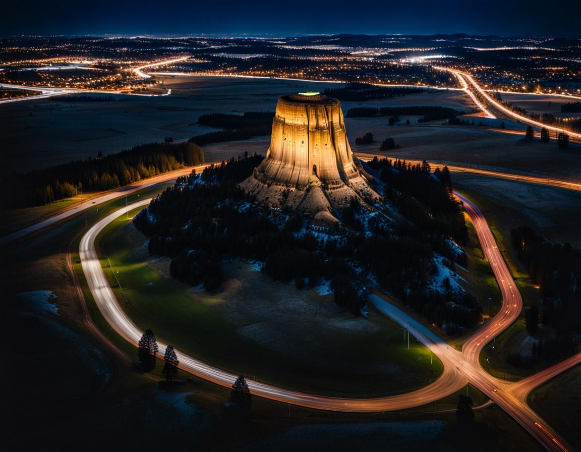Devil's Tower Monument at Night: Aerial Photography