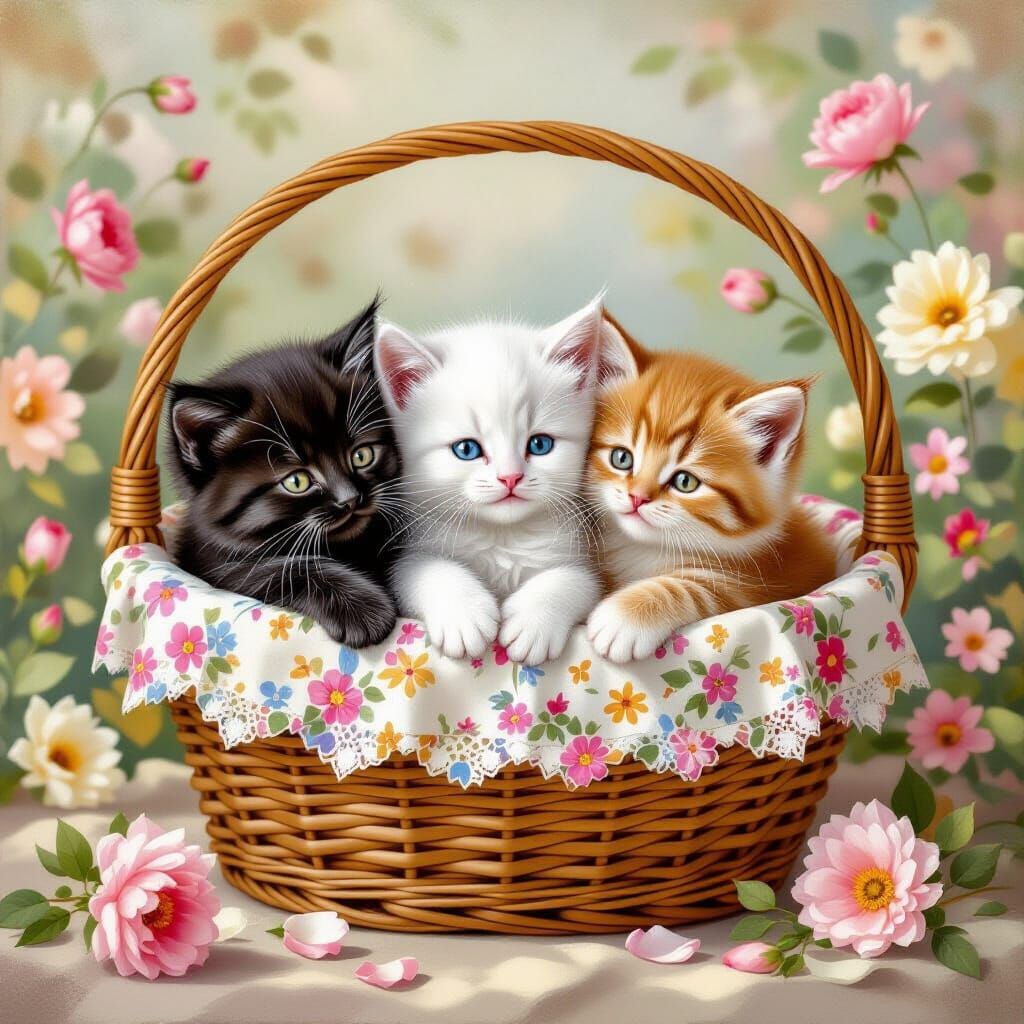 Three Adorable Kittens in Floral Basket, Realistic Style