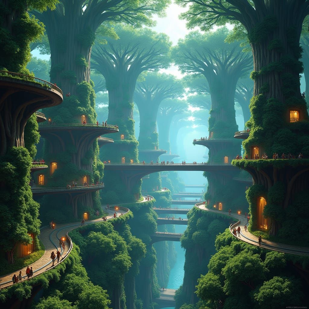 Photorealistic Underground City with Tree Elevators