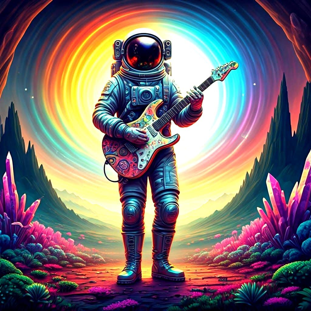 Astronaut Guitarist on Alien Planet as Oil Painting