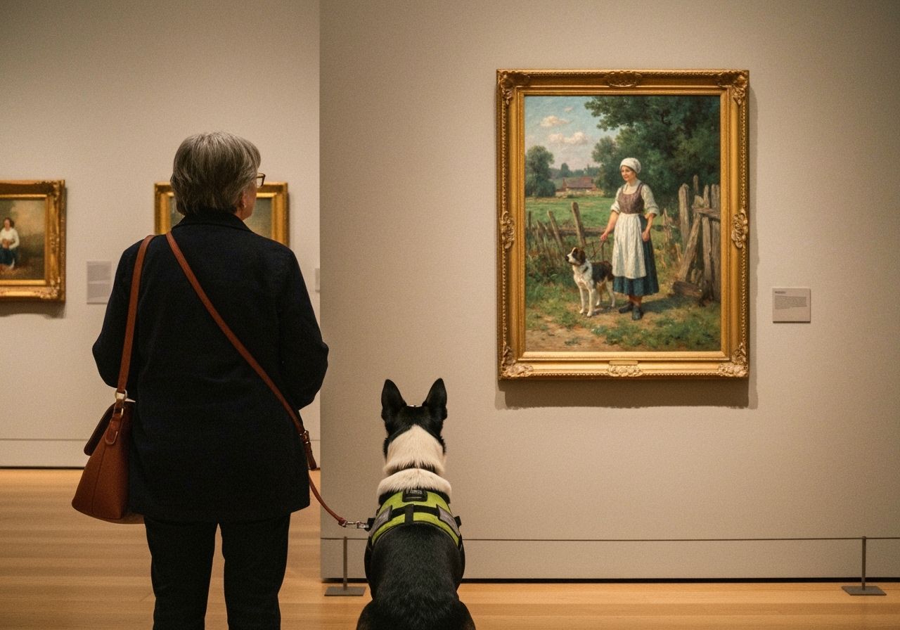 Woman and Service Dog Admire Impressionist Art