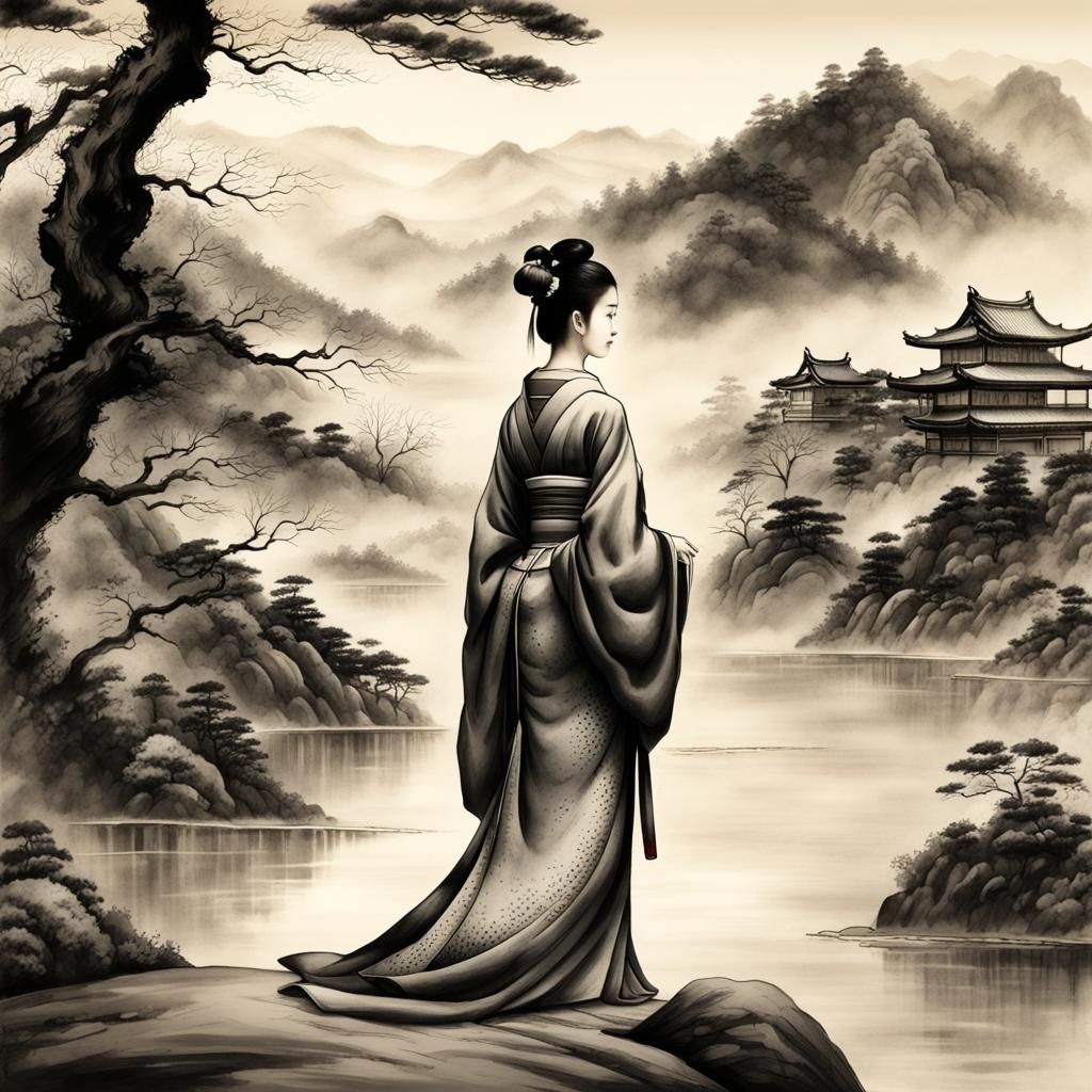 Sumi-e Landscape of Imperial Japan with Woman