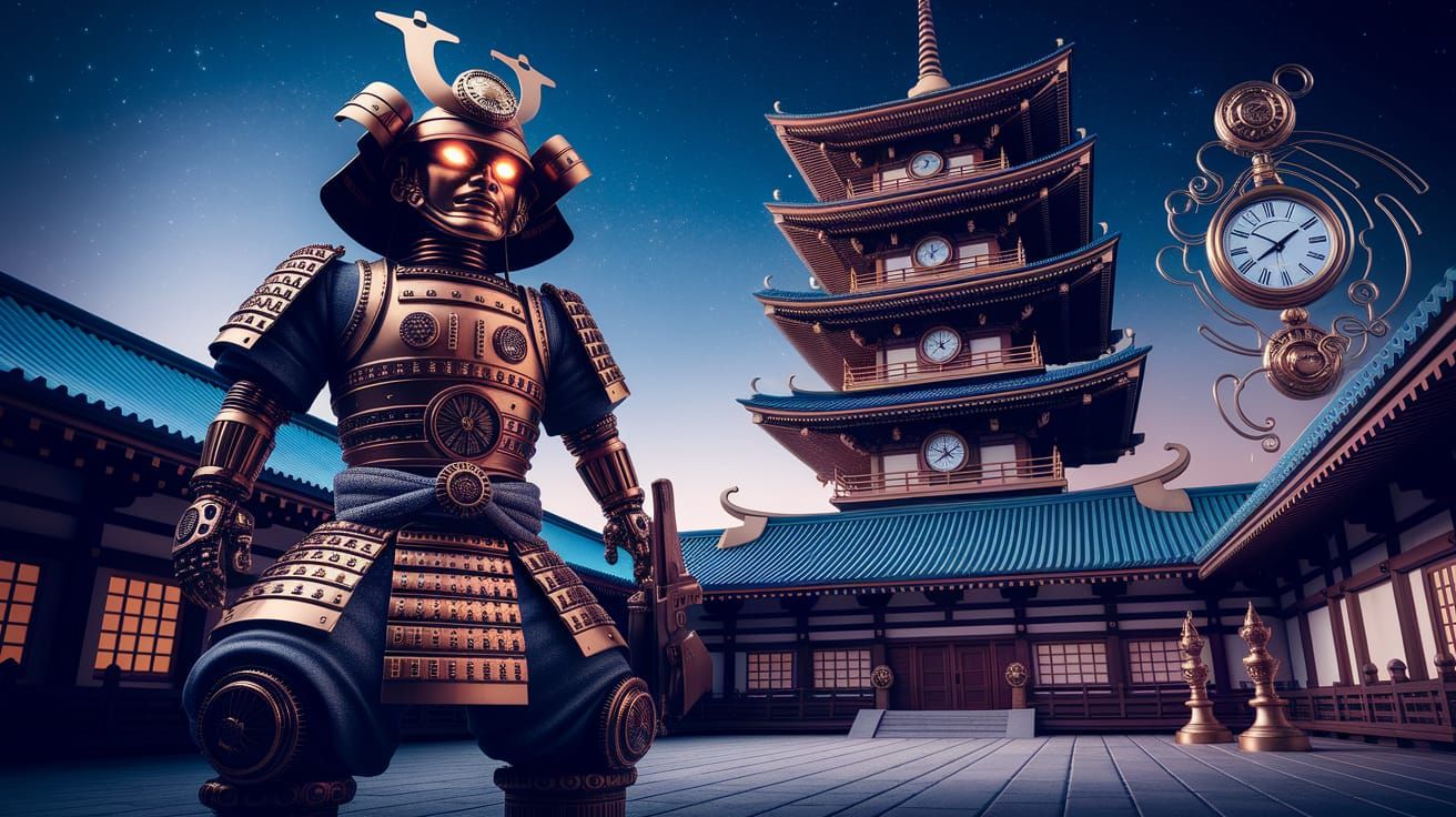 Clockwork Samurai Stands Guard Before Pagoda