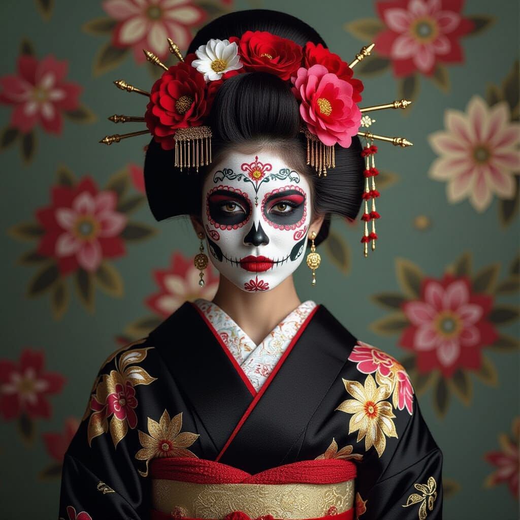 Sugar Skull Geisha with Frida Kahlo Headpiece