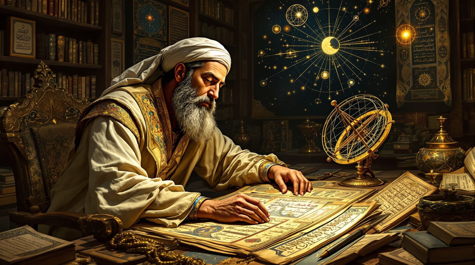 Ibn Yunus in Middle Eastern Library, Etching Style