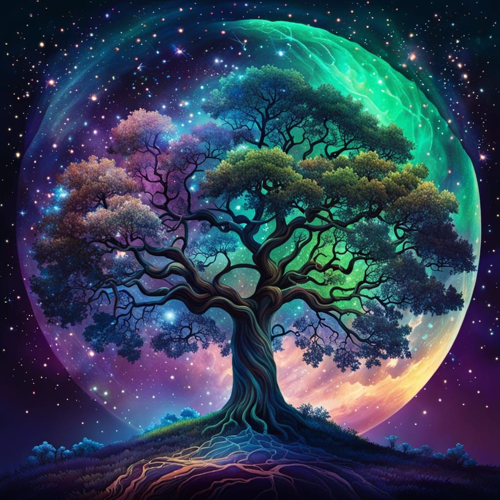 Nebula Oak: Astral Cloud Tree Digital Painting