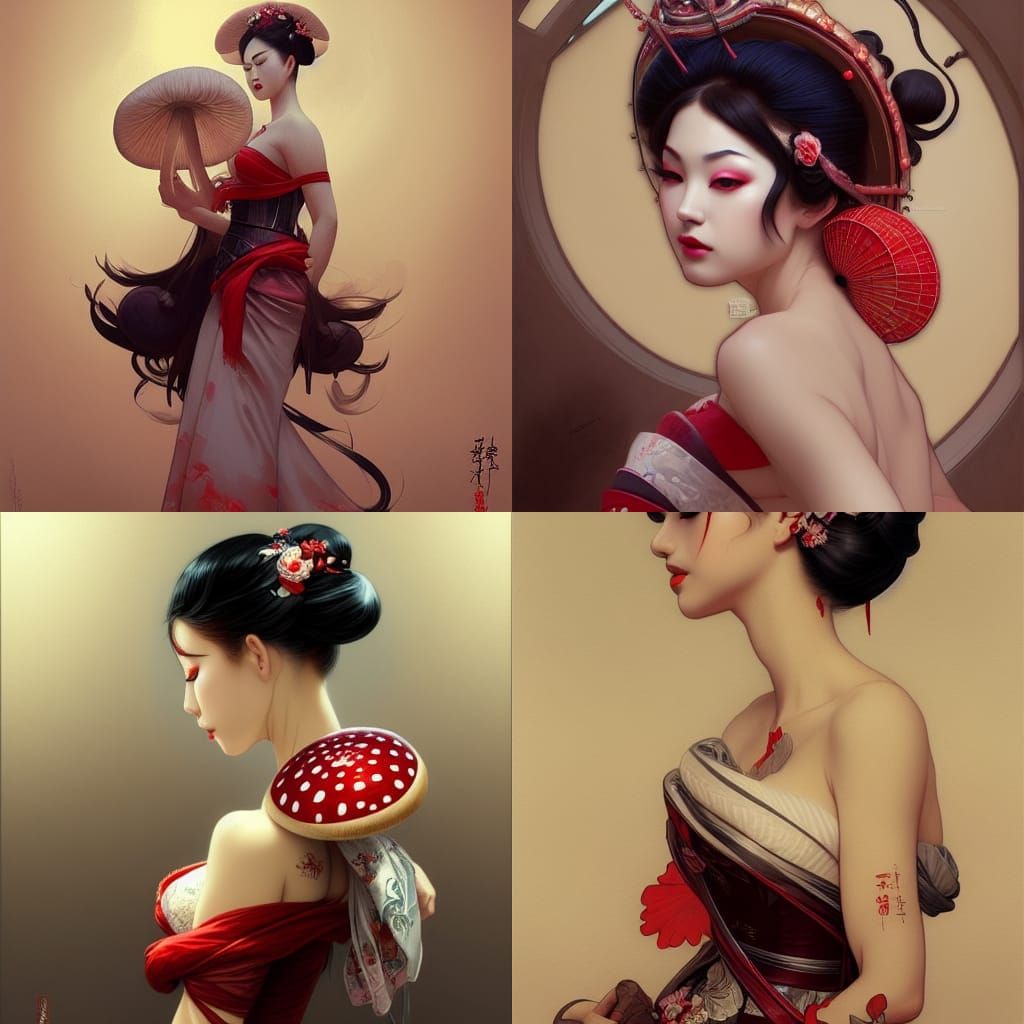 Mushroom Geisha Portrait in Hyperdetailed Style