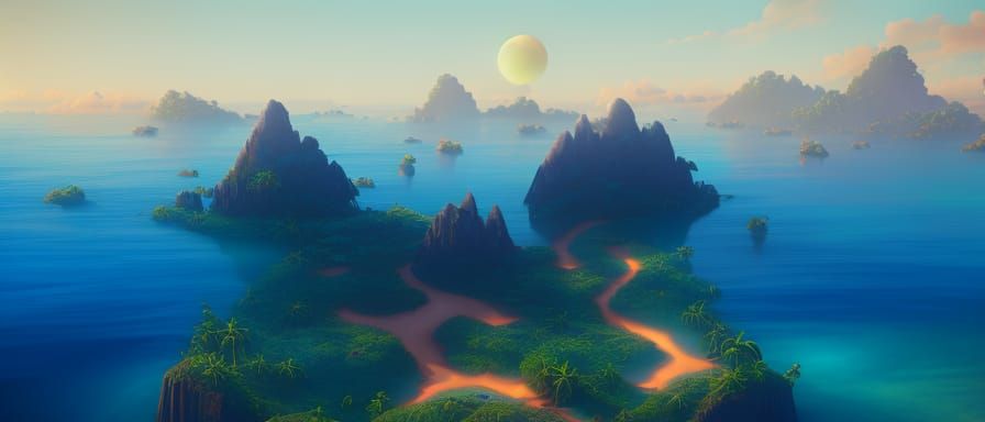 Tropical Island Sunrise: Bird's Eye Fantasy Art