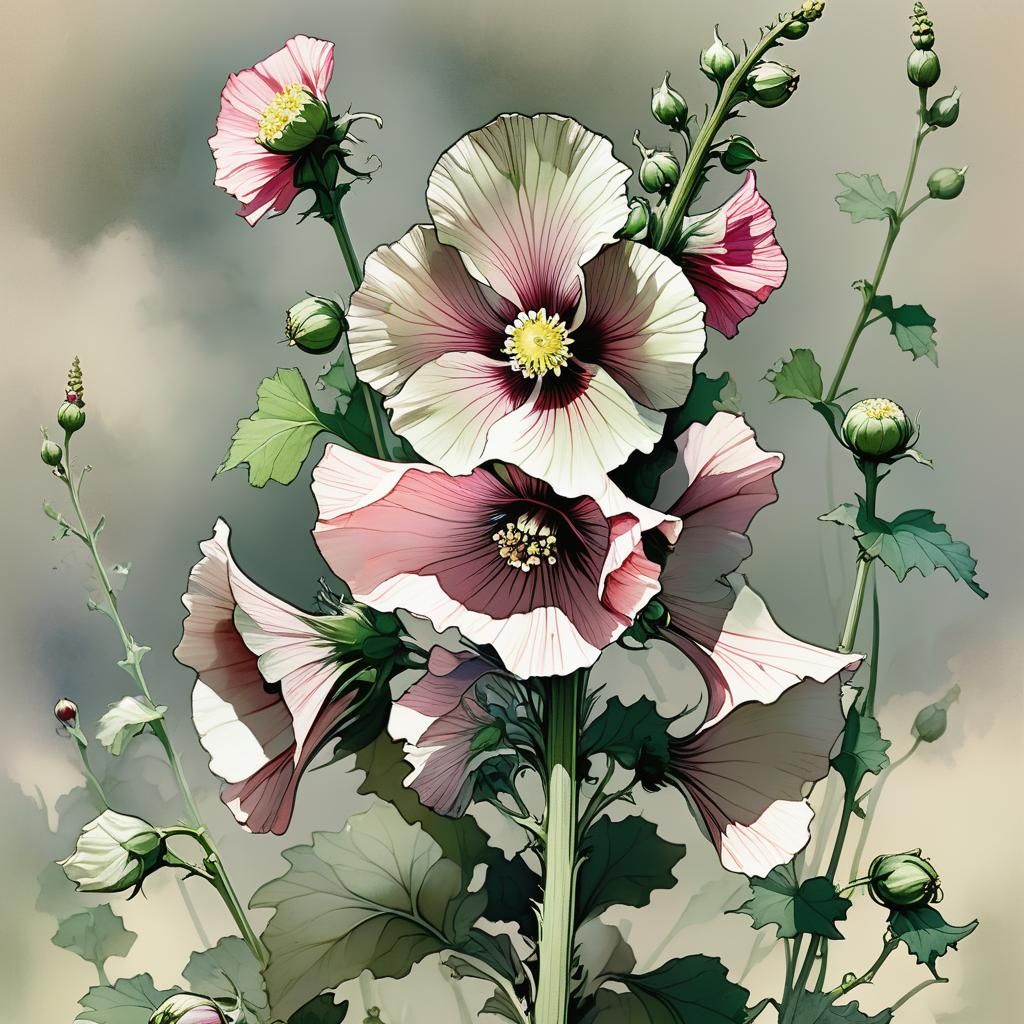 Delicate Hollyhock Blossom, Whimsical Illustration