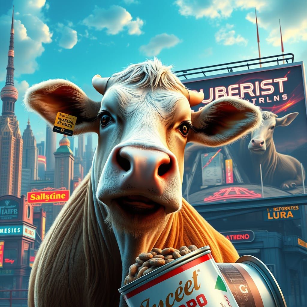 Charming Cow Devours Dog Food on Futuristic Billboard