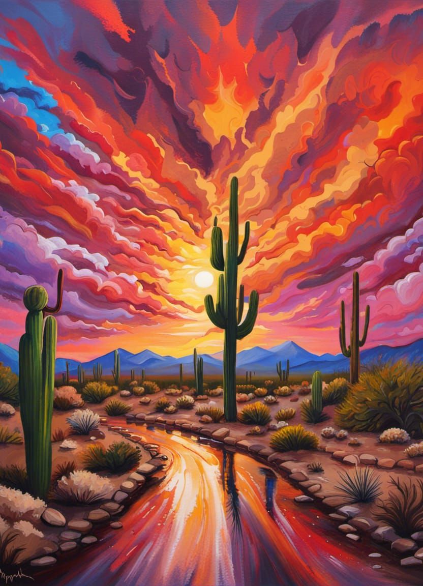 Tucson Desert Sunset: Colorful Splash Art