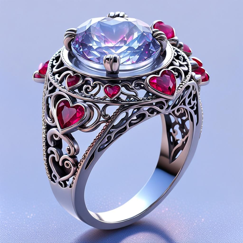 Hyperrealistic Ruby Ring with Intricate Hearts
