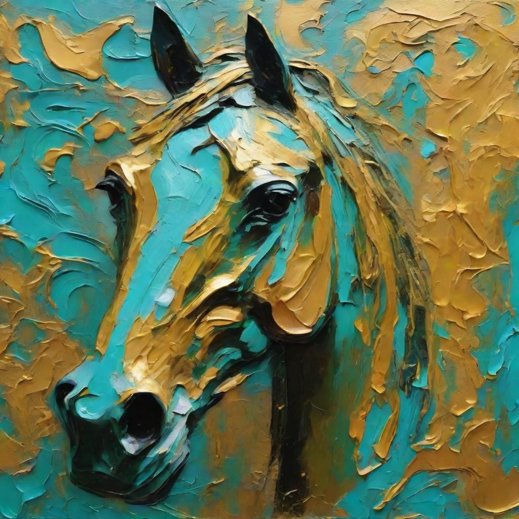 Horse Head in Turquoise and Gold: Neo-Expressionist Oil Pain...