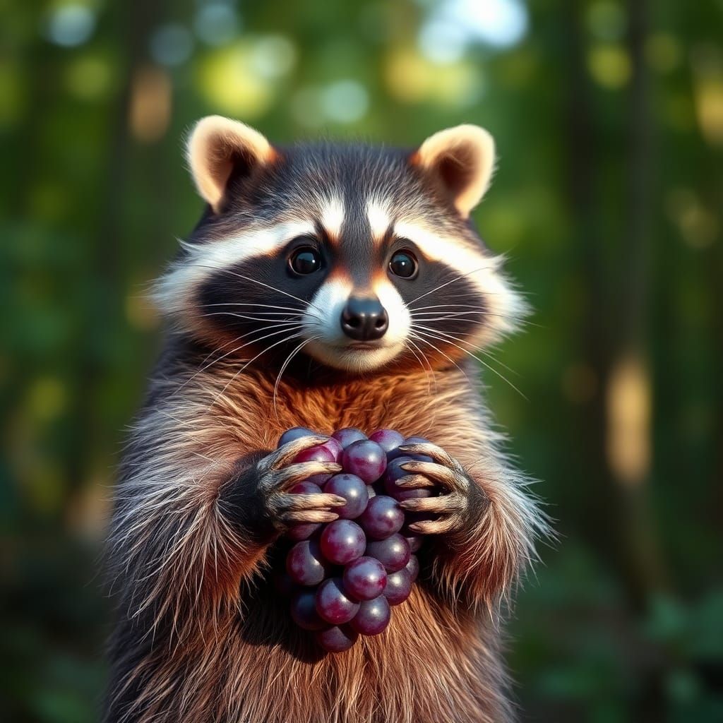 Adorable Purple Raccoon with Grapes in Forest