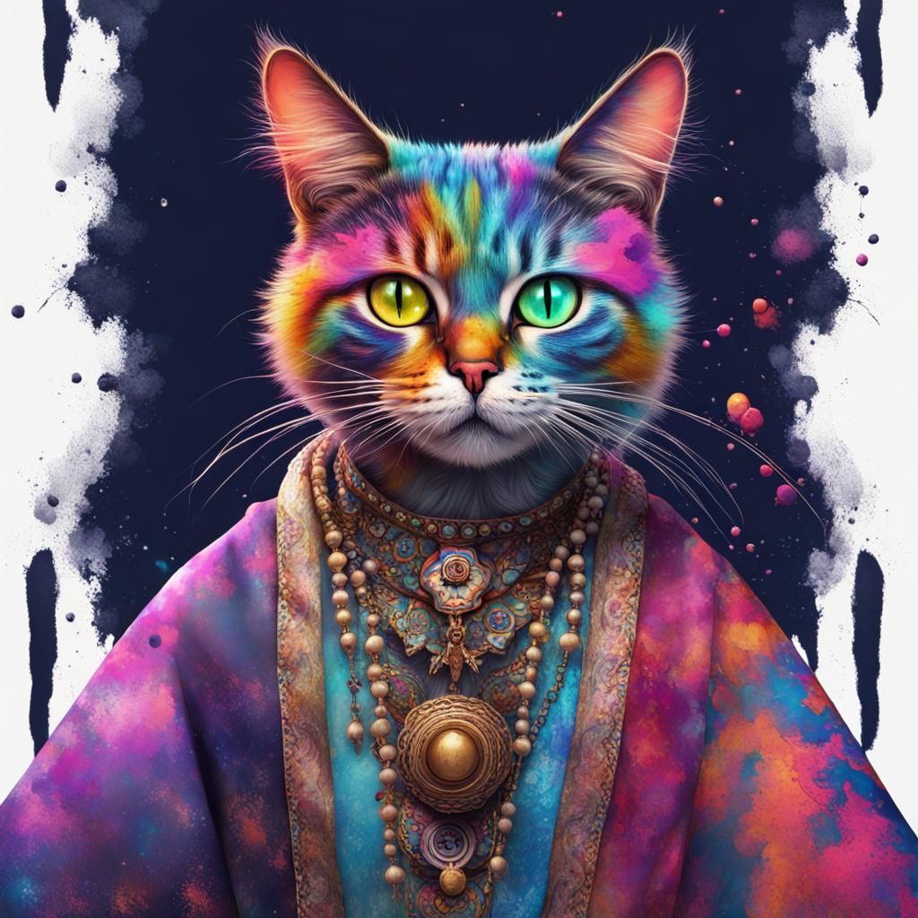Colorful Hippy Cat in Kaftan: Ink Splatter Art