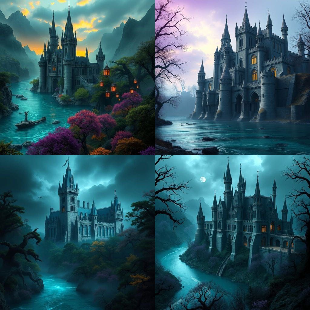 Ethereal Castle Amidst Vibrant Enchanted Forest in Dark Fant...