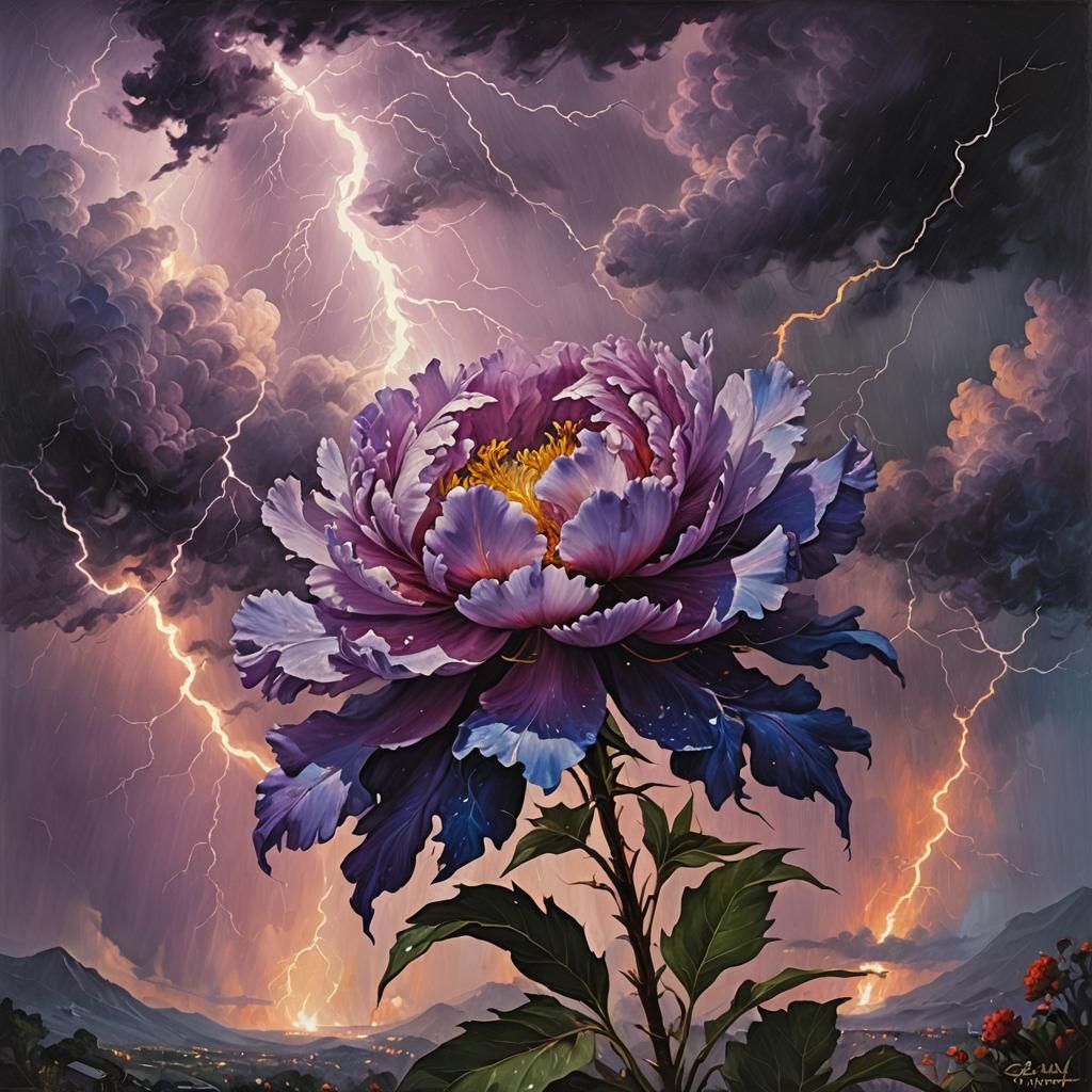 Lightning flower in a thunderstorm with rain showers, flames...