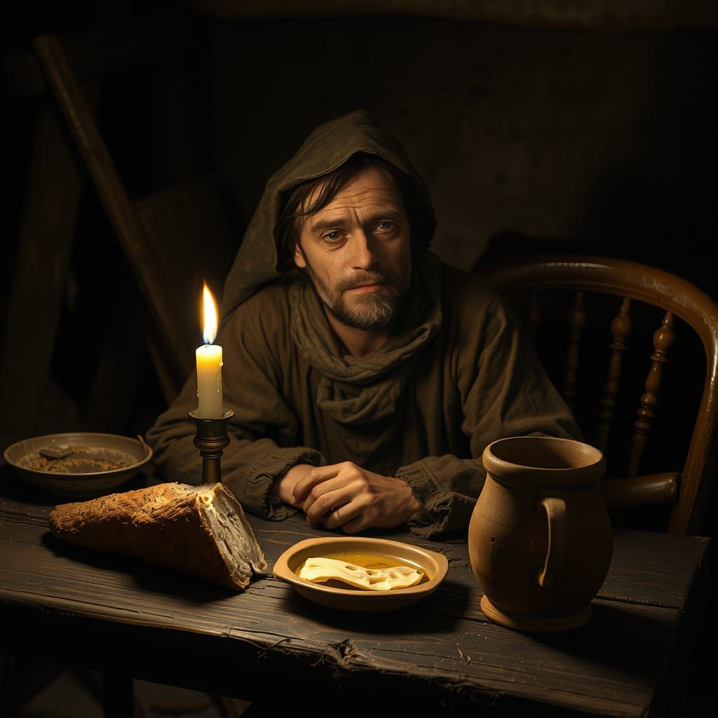 Weary French Peasant in Candlelit Hovel: Baroque Style