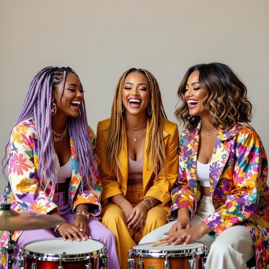 Three Friends Laughing in a Music Studio with Eclectic Fashi...