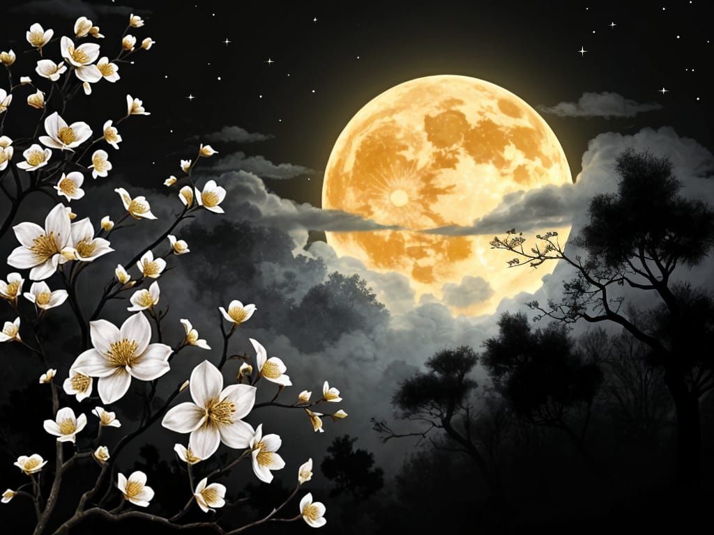 Mystical Moonlit Asian Garden in Digital Style