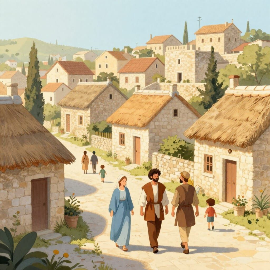 Peaceful Ancient Nazareth Town in Gentle Storybook Style