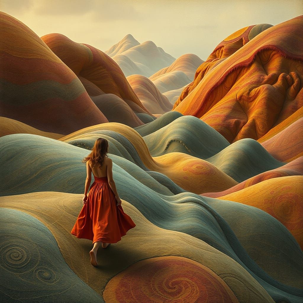 Whimsical Woman in Surreal Fabric Landscape
