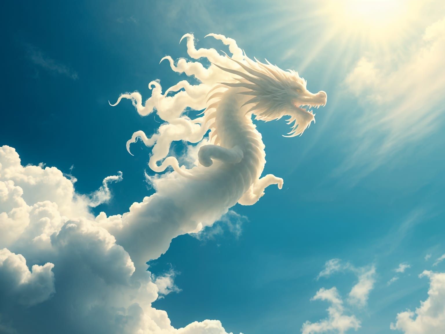 Chinese Dragon Soars Across Ethereal Blue Sky