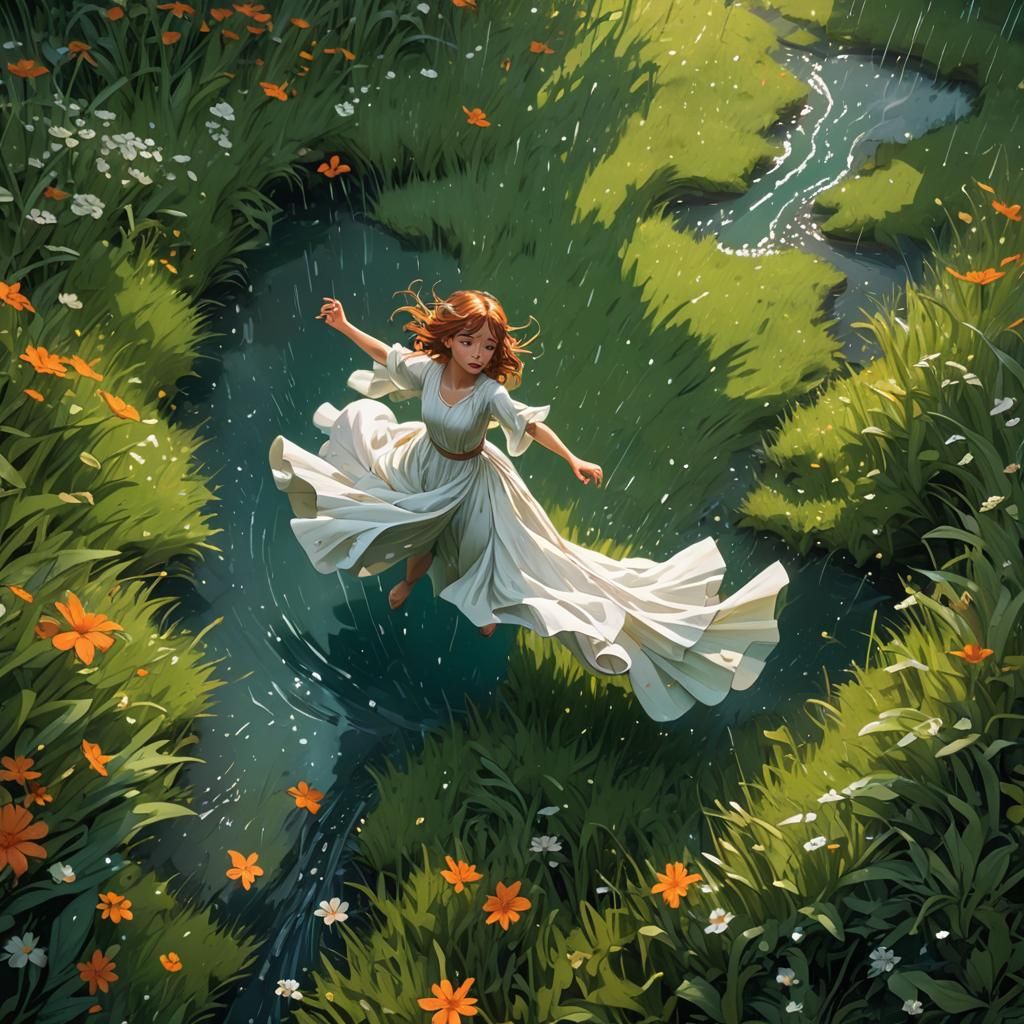 Girl Dancing in Rainy Meadow: Splash Art Style
