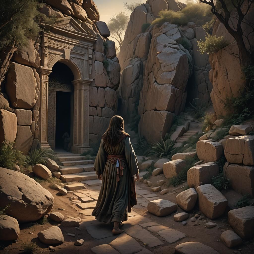 Mary Magdalene Finds Empty Tomb: Detailed Matte Painting