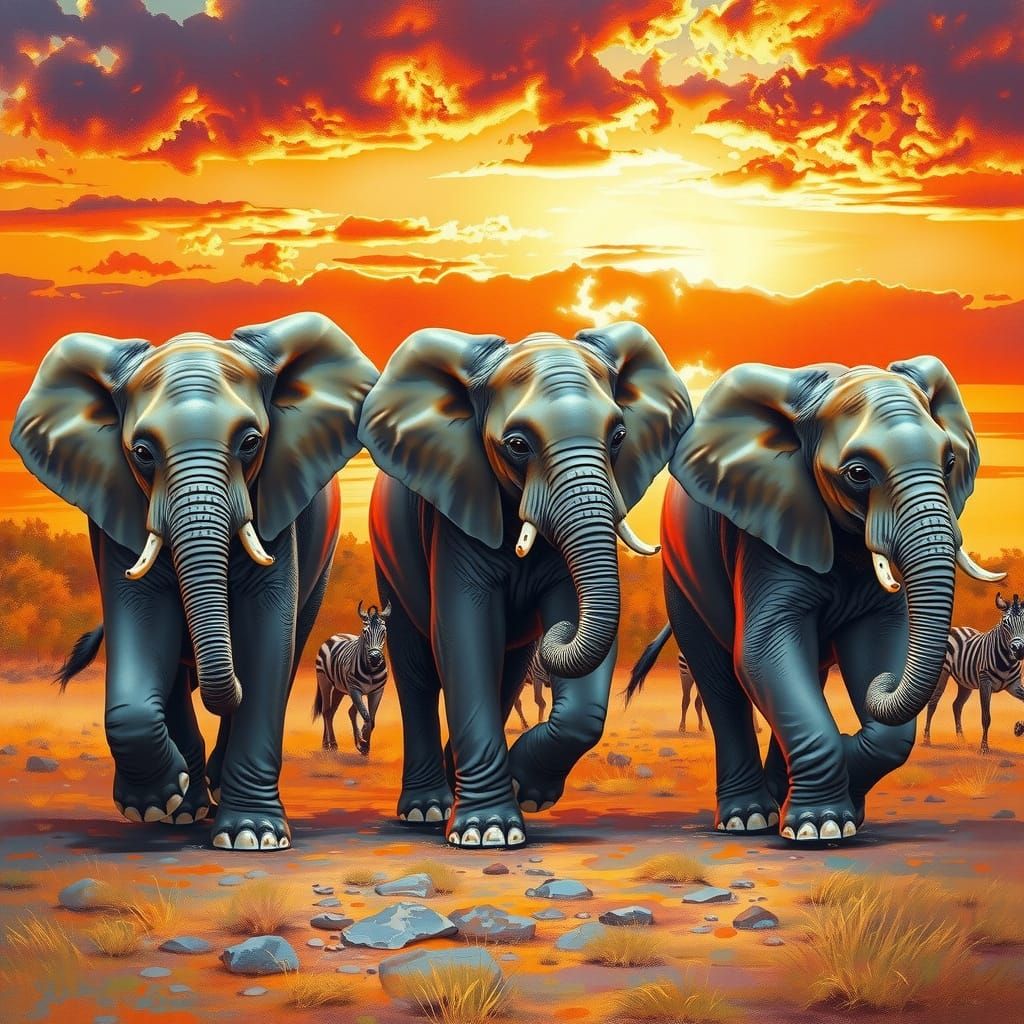 Baby Elephants on the Savanna in Dreamlike Realism