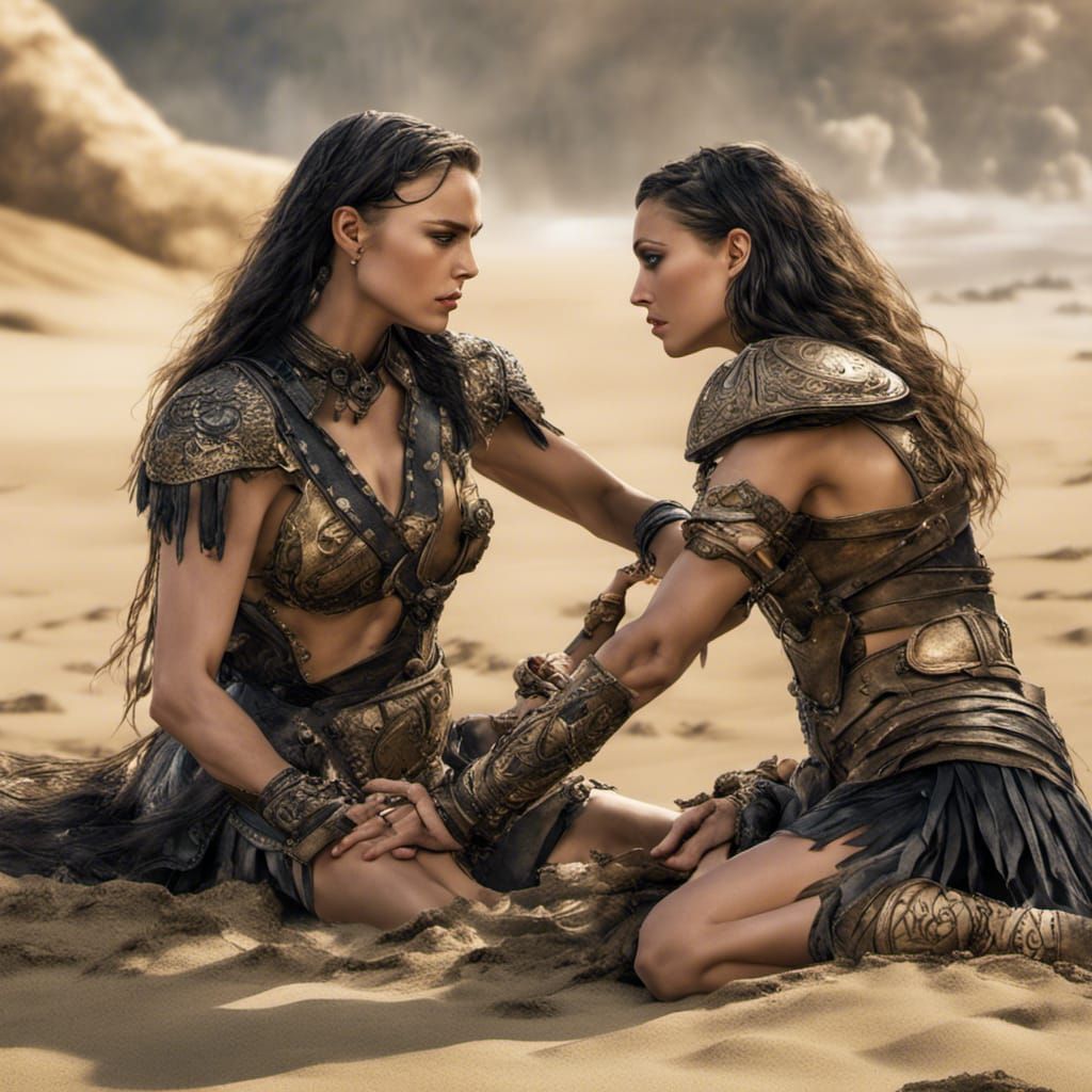 Hyperrealistic Lesbian Warriors on the Beach in 8K